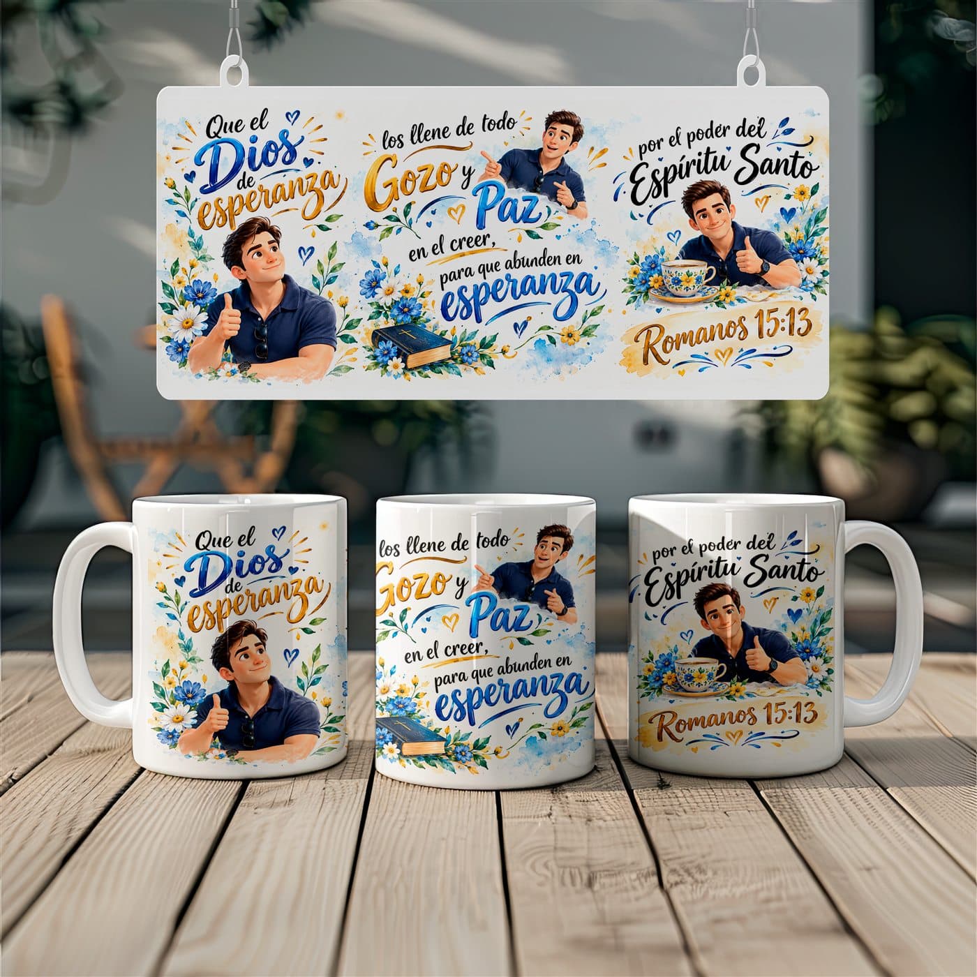 Tres vistas de una taza con diseño panorámico: inicio, centro y final