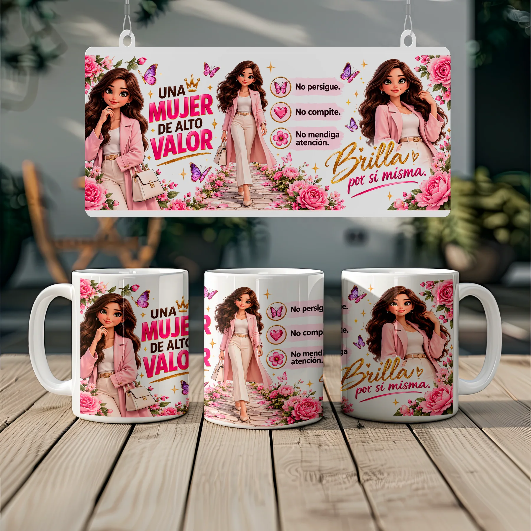 Taza Mujer de alto valor con diseño rosa y floral vista desde diferentes ángulos